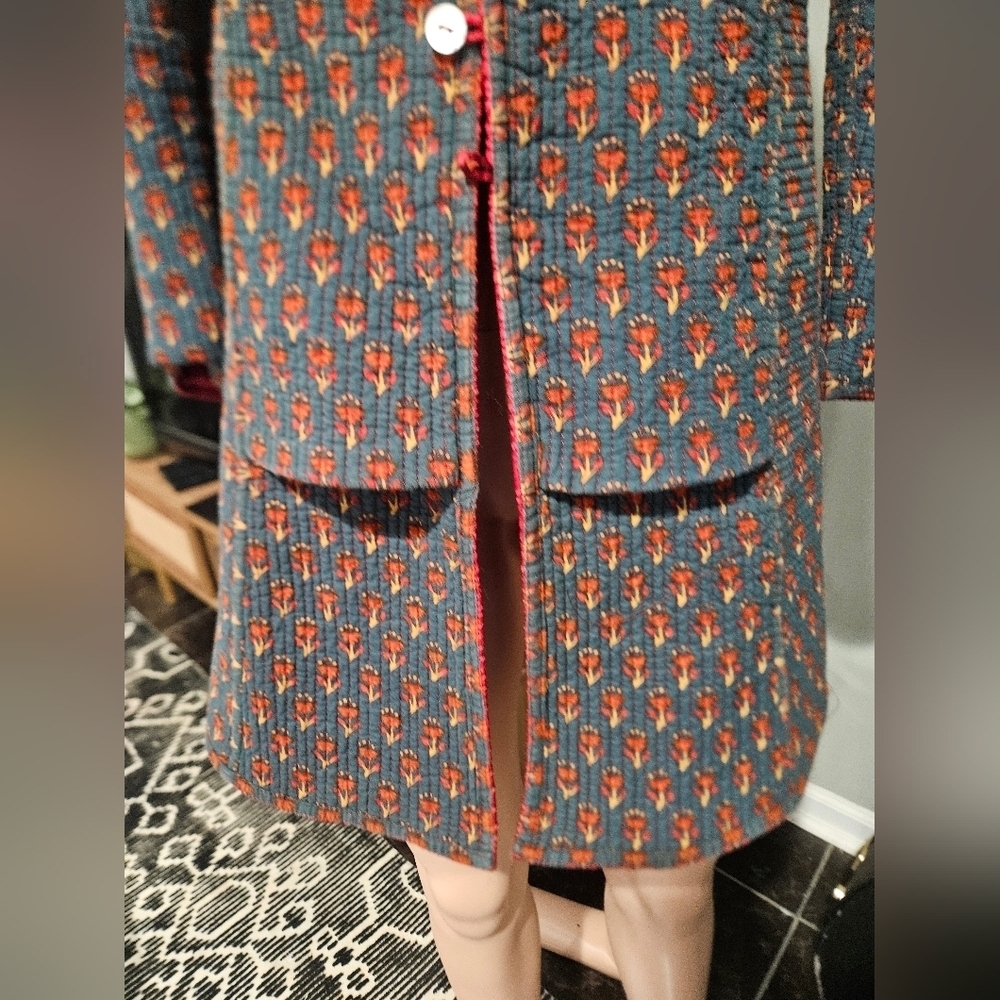 Vintage Reversible Quilted Folk Print Longline Jacket. Red/Teal Floral. XS/S - Picture 16 of 16